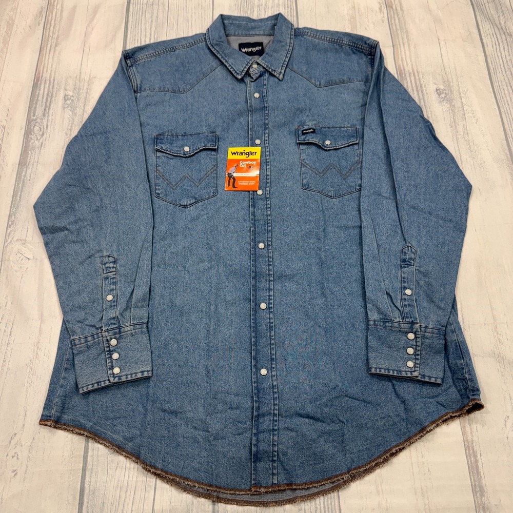 VTG NWT Wrangler Western Denim‎ Pearl Snap Shirt 2XL Cowboy Cut Mens Blue